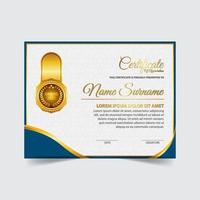 certificado de plantilla de premio, color dorado y degradado. contiene un certificado moderno con una insignia dorada vector