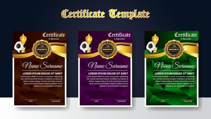 Soccer Game Certificate Diploma With Golden Cup Set Vector. Football. Sport Award Template. Achievement Design