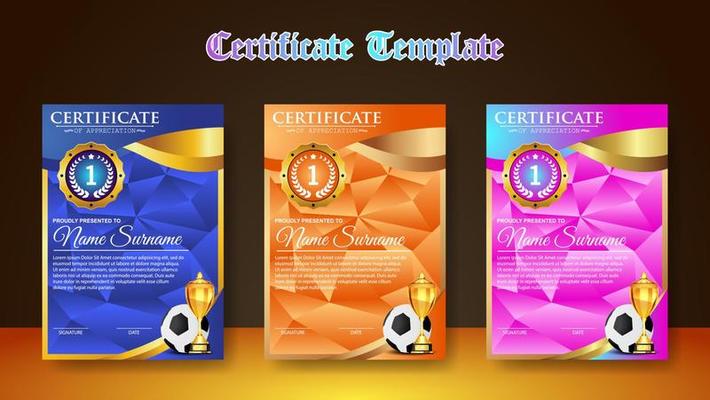 Soccer Game Certificate Diploma With Golden Cup Set Vector. Football. Sport Award Template. Achievement Design