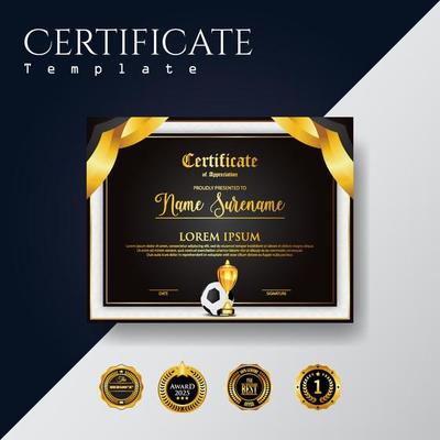 Soccer Game Certificate Diploma With Golden Cup Set Vector. Football. Sport Award Template. Achievement Design