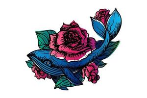 Whale and pink roses hand drawn vector illustration