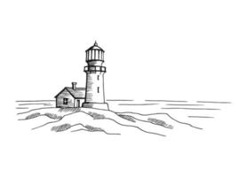 Seascape. Lighthouse. Hand drawn illustration converted to vector. Sea coast graphic landscape sketch illustration vector. vector