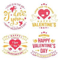 Set of Happy Valentines Day sign. Stamp, card with key, bird, amur, arrow, heart. Vector. Vintage typography design for invitations, Valentines Day romantic celebration emblem in retro style. vector