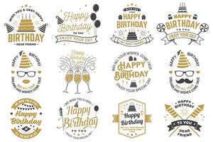 Set of Happy Birthday templates for overlay, badge, card with bunch of balloons, gifts, firework rockets and birthday cake with candles. Vector. Vintage design for birthday celebration vector