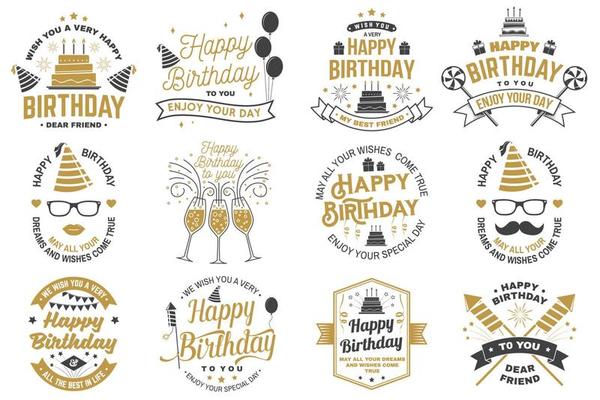 Set of Happy Birthday templates for overlay, badge, card with bunch of balloons, gifts, firework rockets and birthday cake with candles. Vector. Vintage design for birthday celebration
