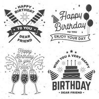 Set of Happy Birthday templates for overlay, badge, card with bunch of balloons, gifts, champagne glasses and birthday cake with candles. Vector. Vintage design for birthday celebration vector