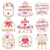 Set of Happy Valentines Day sign. Stamp, card with key, bird, amur, arrow, heart. Vector. Vintage typography design for invitations, Valentines Day romantic celebration emblem in retro style. vector