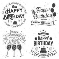 Set of Happy Birthday templates for overlay, badge, card with bunch of balloons, gifts, champagne glasses and birthday cake with candles. Vector. Vintage design for birthday celebration
