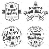 Set of Happy Birthday templates for overlay, badge, card with bunch of balloons, gifts, serpentine, hat and birthday cake with candles. Vector. Vintage design for birthday celebration vector