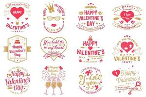 Set of Happy Valentines Day sign. Stamp, card with key, bird, amur, arrow, heart. Vector. Vintage typography design for invitations, Valentines Day romantic celebration emblem in retro style.