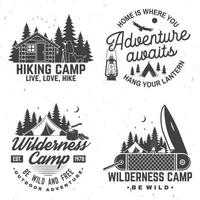 Happy camper. Vector. Concept for shirt or logo, print, stamp. Vintage design with lantern, pocket knife, campin tent, axe, camping tent, campfire, forest cabin and forest silhouette. vector