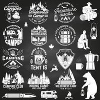 Wilderness camp. Be wild and free. Vector. Concept for badge, shirt or logo, print, stamp, patch. Vintage typography design with trailer, tent, campfire, bear, pocket knife and forest silhouette vector