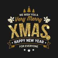 le deseamos una muy feliz navidad y feliz año nuevo sello, juego de pegatinas con acebo, baya, árbol de navidad, campana. vectorial diseño tipográfico vintage para navidad, emblema de año nuevo en estilo retro. vector
