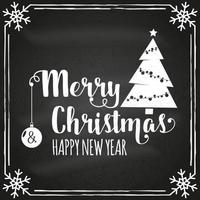 feliz navidad y feliz año nuevo plantilla retro con silueta de árbol de navidad. vector en la pizarra. diseño de Navidad para tarjetas de felicitación, invitaciones, pancartas y volantes.