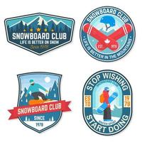 Set of Snowboard Club patches. Vector. Concept for patch, shirt, print, stamp or tee. Vintage typography design with snowboarder and mountain silhouette. Extreme sport. vector