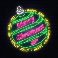 We wish you a very Merry Christmas and Happy New Year neon sign with hanging christmas bell. Vector illustration.