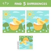 Find differences game for children. Activity page with funny bird, nest and eggs vector