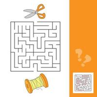 Labyrinth, maze game. Educational game for children. Cartoon thread and scissors vector