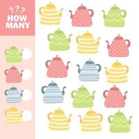 Counting game with cute kettles. Math activity for preschool children. vector