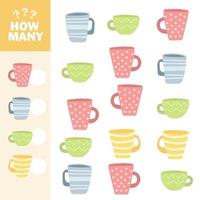 Counting game, how many Tea Cups. Educational children game, printable worksheet vector