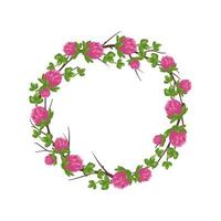 Wreath of pink clover flowers. Round frame, cute bright plant with shamrock leaves. Festive decorations for wedding, holiday, postcard, poster and design. Vector flat illustration