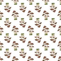 Seamless pattern with toadstool mushrooms with brown caps on thin white legs grow in bunches among the grass on white background. Print of mushroom. Vector flat illustration