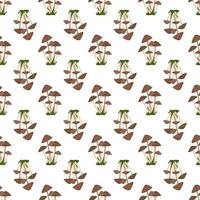 Seamless pattern with toadstool mushrooms with brown caps on thin white legs grow in bunches among the grass on white background. Print of mushroom. Vector flat illustration