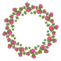 Wreath of pink clover flowers. Round frame, cute bright plant with shamrock leaves. Festive decorations for wedding, holiday, postcard, poster and design. Vector flat illustration