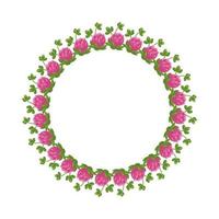 Wreath of pink clover flowers. Round frame, cute bright plant with shamrock leaves. Festive decorations for wedding, holiday, postcard, poster and design. Vector flat illustration