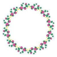 Wreath of pink clover flowers and white daisies. Round frame, cute bright plant with shamrock leaves. Festive decorations for wedding, holiday, postcard, poster and design. Vector flat illustration