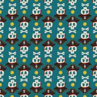 Seamless pattern with skeleton skull and crossbones in pirate cocked hat and gold coin treasure. Print of Item for Halloween on blue background. Design for textile and paper. Vector flat illustration