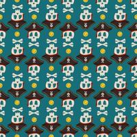 Seamless pattern with skeleton skull and crossbones in pirate cocked hat and gold coin treasure. Print of Item for Halloween on blue background. Design for textile and paper. Vector flat illustration