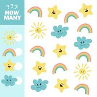 Counting Game for Children. Count how many stars, clouds, suns and rainbows vector