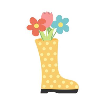 Cute spring flowers in yellow rubber boots, design and decor element