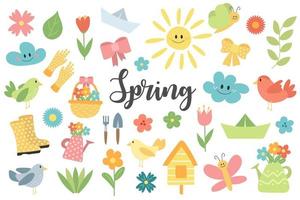 Collection of hand drawn spring items for bright design on white background. vector