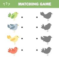 Shadow matching activity with cute birds. Find the correct silhouette vector