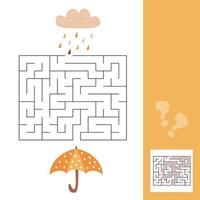 Umbrella and rain - easy maze for younger kids with a solution. Maze game vector