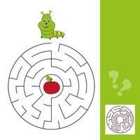 Maze puzzle for kids with caterpillar and apple. Labyrinth, solution included