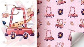 Cartoon character pretty giraffe driver car seamless pattern vector