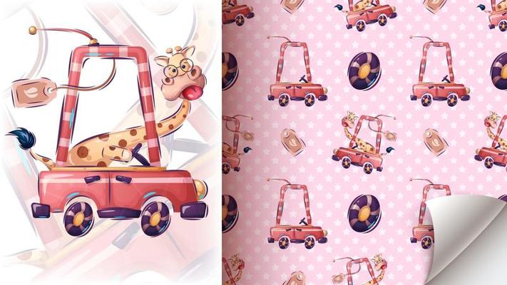 Cartoon character pretty giraffe driver car seamless pattern