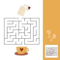 Cup and tea bag. Vector maze game with solution for preschool kids