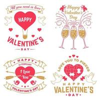 Set of Happy Valentines Day sign. Stamp, card with key, bird, amur, arrow, heart. Vector. Vintage typography design for invitations, Valentines Day romantic celebration emblem in retro style. vector