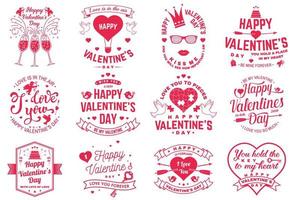 Set of Happy Valentines Day sign. Stamp, card with key, bird, amur, arrow, heart. Vector. Vintage typography design for invitations, Valentines Day romantic celebration emblem in retro style.