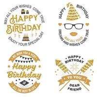 Set of Happy Birthday templates for overlay, badge, card with bunch of balloons, gifts, firework rockets and birthday cake with candles. Vector. Vintage design for birthday celebration vector