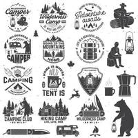 Wilderness camp. Be wild and free. Vector. Concept for badge, shirt or logo, print, stamp, patch. Vintage typography design with trailer, tent, campfire, bear, pocket knife and forest silhouette vector