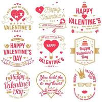 conjunto de signo de feliz día de san valentín. sello, tarjeta con llave, pájaro, amur, flecha, corazón. vector. diseño de tipografía vintage para invitaciones, emblema de celebración romántica del día de san valentín en estilo retro. vector