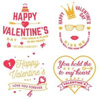 Set of Happy Valentines Day sign. Stamp, card with key, bird, amur, arrow, heart. Vector. Vintage typography design for invitations, Valentines Day romantic celebration emblem in retro style. vector