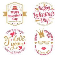 Set of Happy Valentines Day sign. Stamp,  card with crown, lips and glasses  bird, amur, arrow, heart. Vector. Vintage typography design for invitations, Valentines Day romantic celebration emblem vector