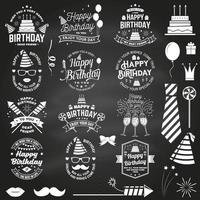 Set of Happy Birthday templates for overlay, badge, card with bunch of balloons, gifts, firework rockets and birthday cake with candles. Vector. Vintage design for birthday celebration vector