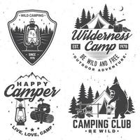Set of Happy camper outdoor adventure symbol. Vector. Concept for shirt or logo, print, stamp. Vintage design with lantern, camping tent, campfire, bear, man with guitar and forest silhouette. vector